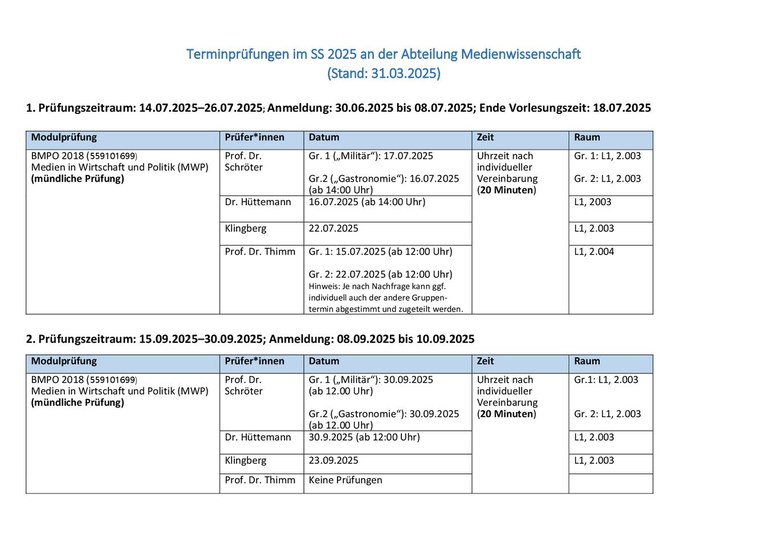 Terminliste Prüfungen SS 25