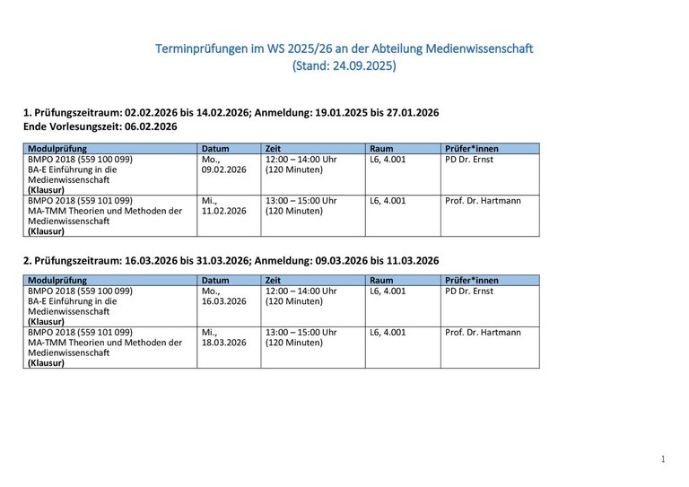 Terminprüfungen im WS 2025/26