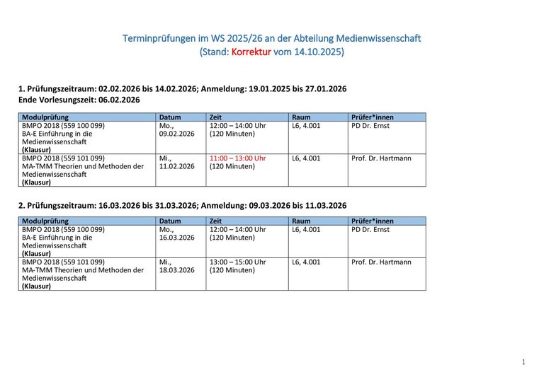 Terminprüfungen im WS 25/26, Stand: 14.10